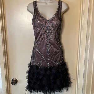 Sue Wong Pink and Black Sequin and Feather Cocktail Dress size 12